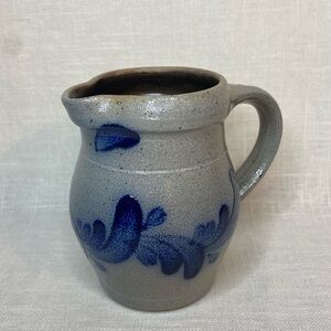 Rowe Pottery Works Salt Glaze Stoneware Pitcher 3.5” x 4”, Cobalt Blue w/Gray